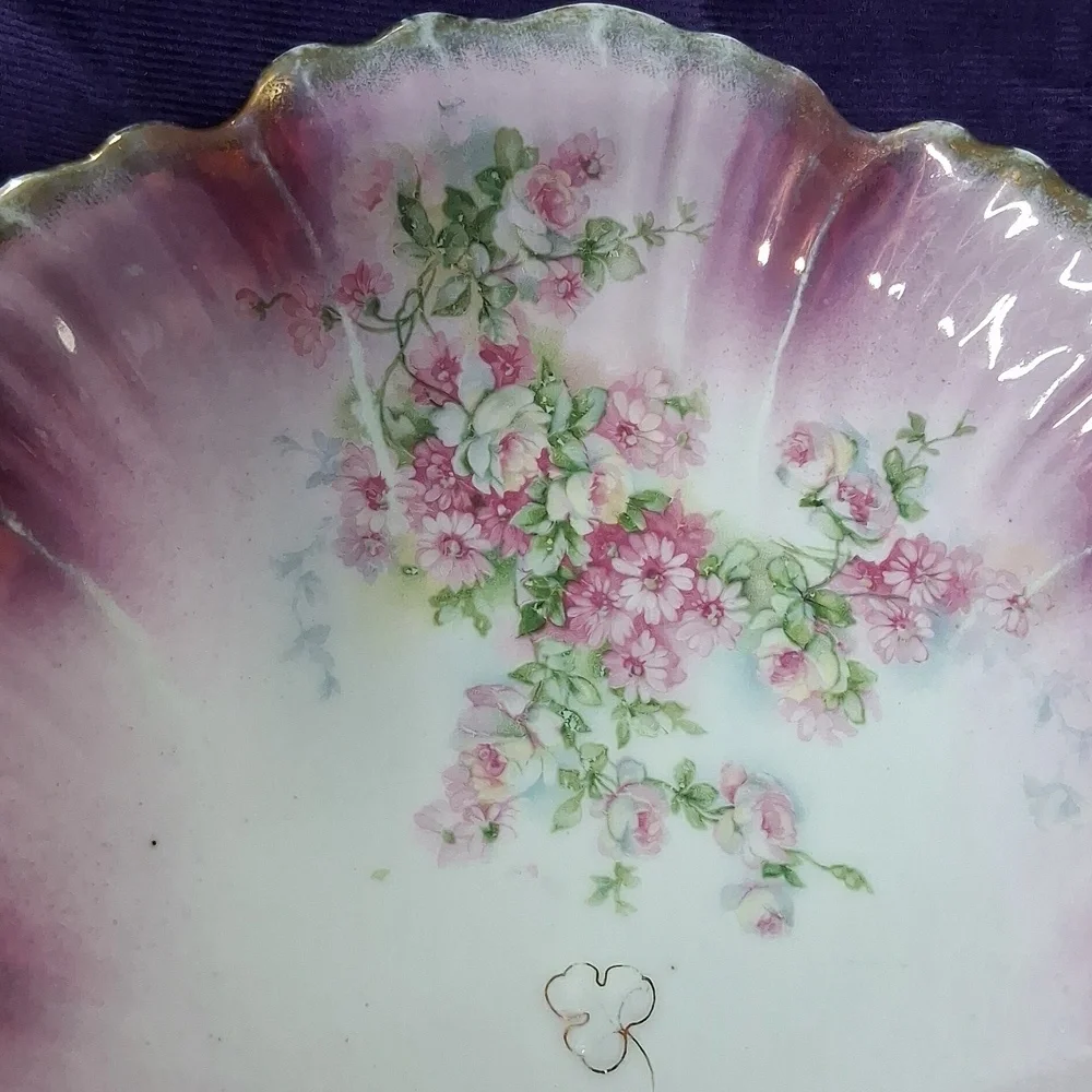 Antique MZ Austria Plate Porcelain Pink Roses Gilt Clovers Dish - Picture 4 of 12